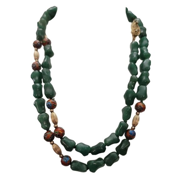 Silver Chinese Export Red Cloisonné, Aventurine Knotted Bead Necklace 30" L E869 - Picture 2 of 12